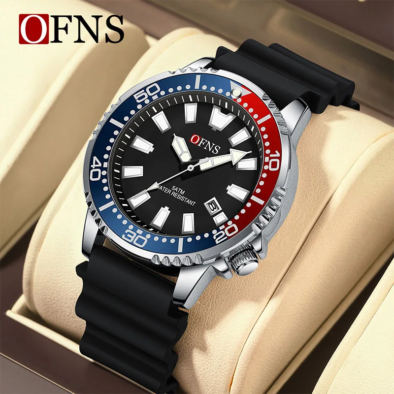 OFNS 8032 Men's Quartz Watch Fashion Simple Black Orange Green Calendar Night Light Waterproof Silicone Strap Watch