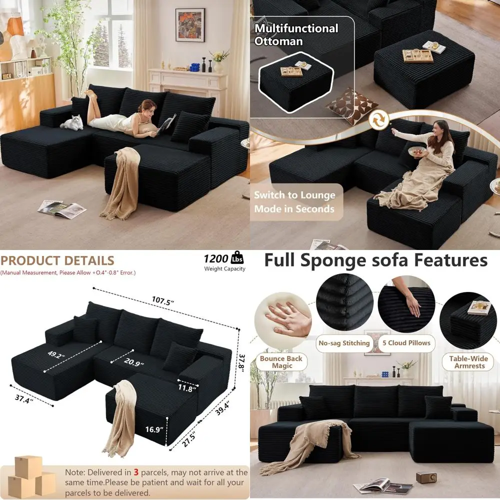 

contemporary 107-inch modular sectional sofa with ottoman, plush corduroy cloud-style couch, deep-seated upholstered 4-seater u-
