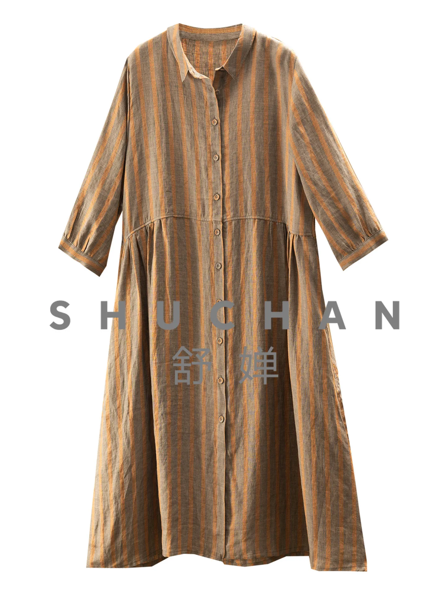 

Luxury Coffee, European Standard Flaxen Woven Striped Loose Temperament Shirt Dress Women 37G4