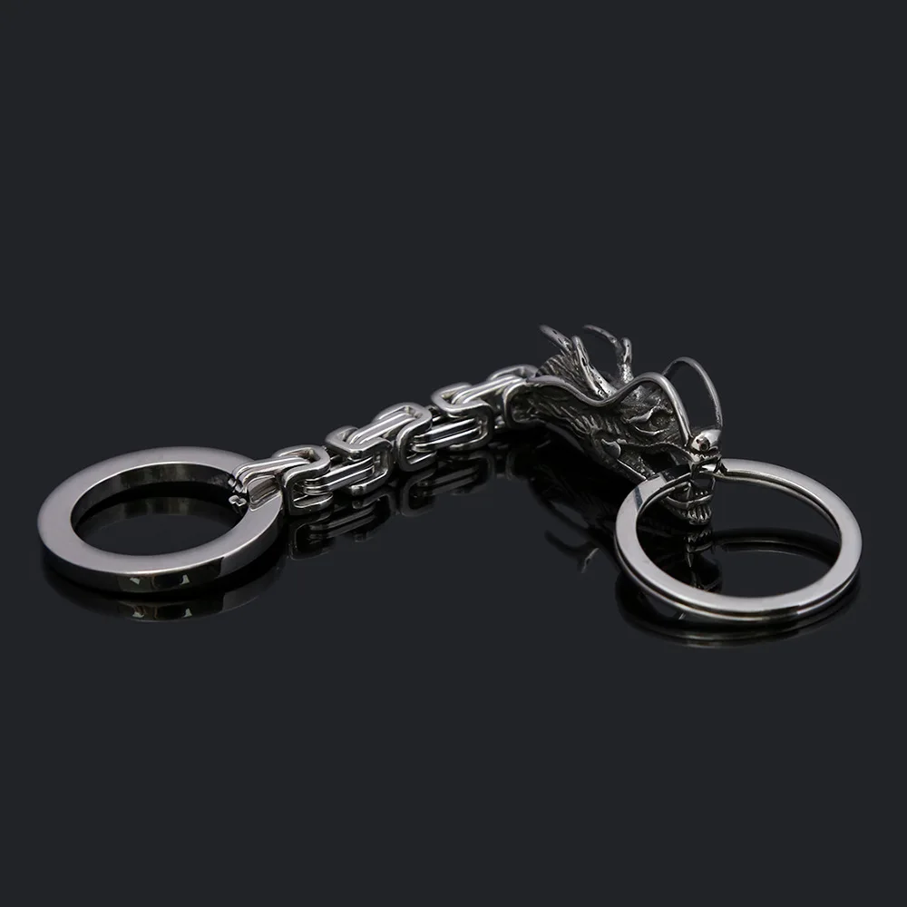 Stainless Steel Retro Design China Dragon Emperor Chain Keychain Men\'s Car Keyring Trendy Nordic Viking Dragon Head Jewelry Gift