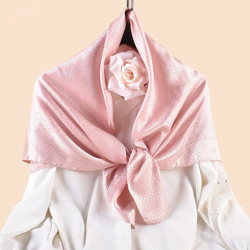Luxus Blumendruck Seide Quadrat Schal Frauen Weiche Satin Kopftuch Halstuch Kopf Hijab Dame Stirnband Foulard Tasche Ribbo 90x90 cm – Detail 5