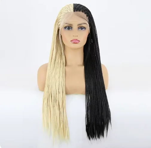 Half Blonde Half Black Braided Synthetic Lace Front Wigs for Women #613 Color and Black Micro Braided Box Braids Wig