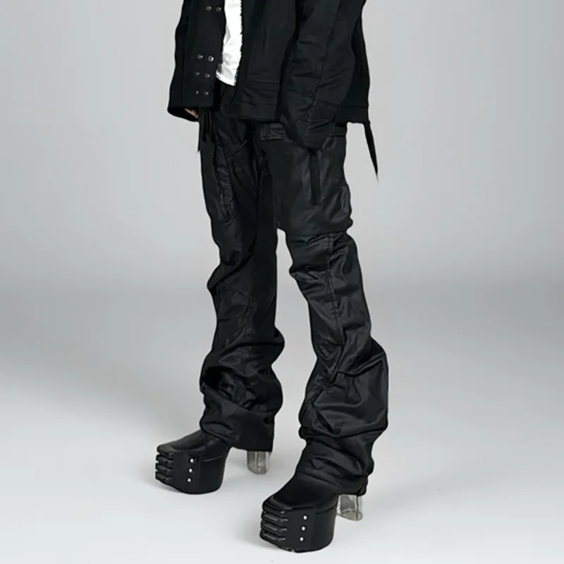 HKSH Spring Autumn New Men's Waste Land Layered Pleated Waxed Coated Washed Three-Dimensional Stacked Flared Cargo Pants HK10516