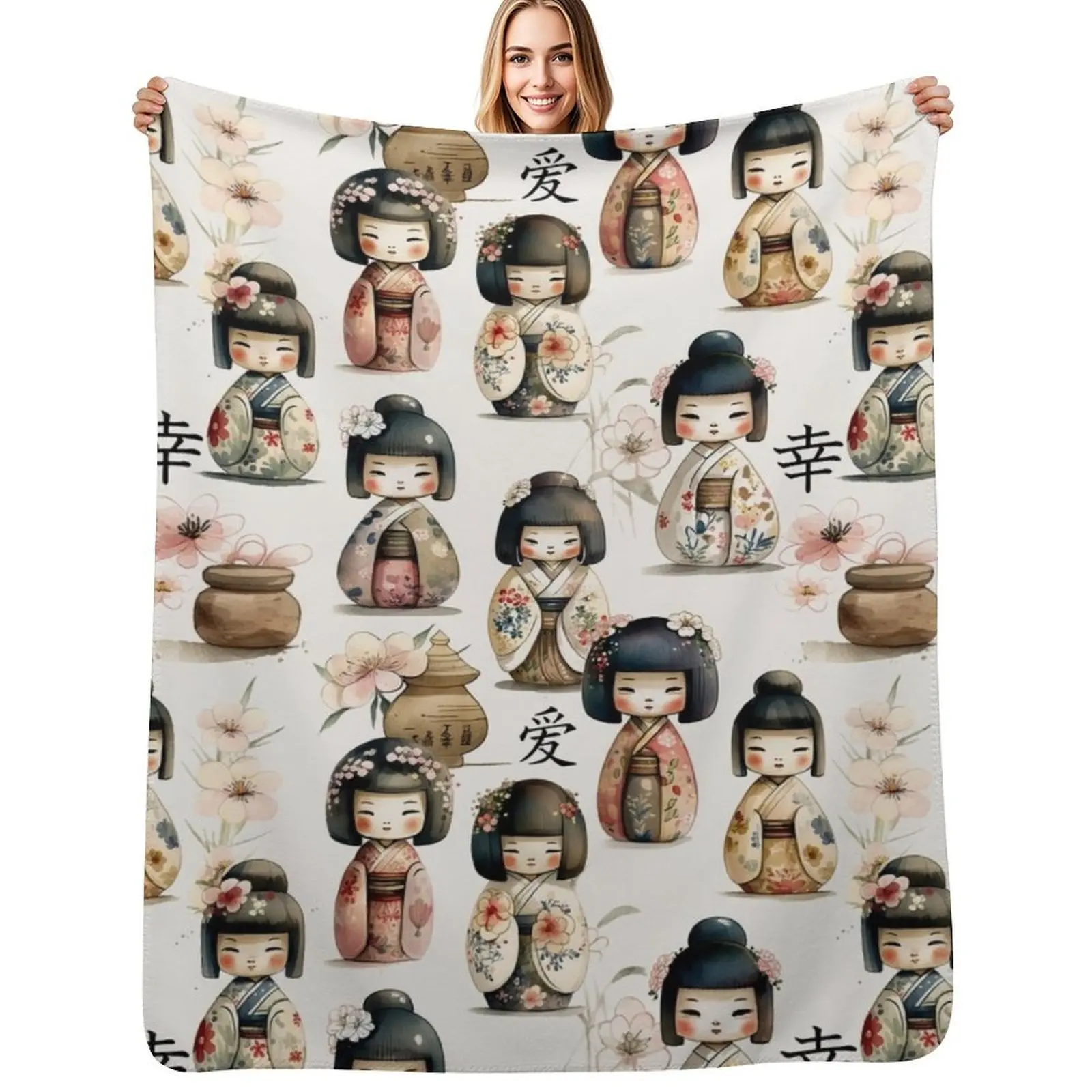 

Kokeshi Doll Watercolor Pattern Throw Blanket Blankets Sofas Of Decoration Polar Weighted Cute Blankets