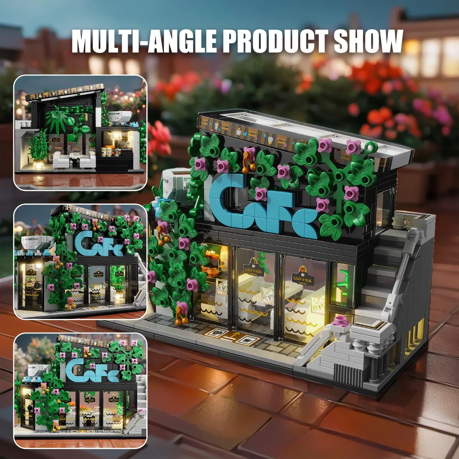 564PCS MOC 커피 꽃 집 빌딩 블록 모델 도시 스트리트 뷰 벽돌 세트 LED 조명 어린이 3D 퍼즐 교육 장난감 선물