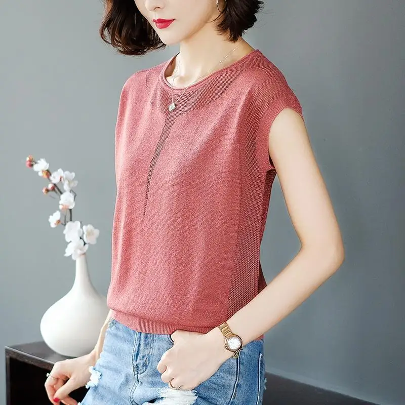 Summer New Bright Silk Female Clothes 2023 Round Neck Hollow Out Casual Tops Women Ice Floss Loose Knitting T-shirt