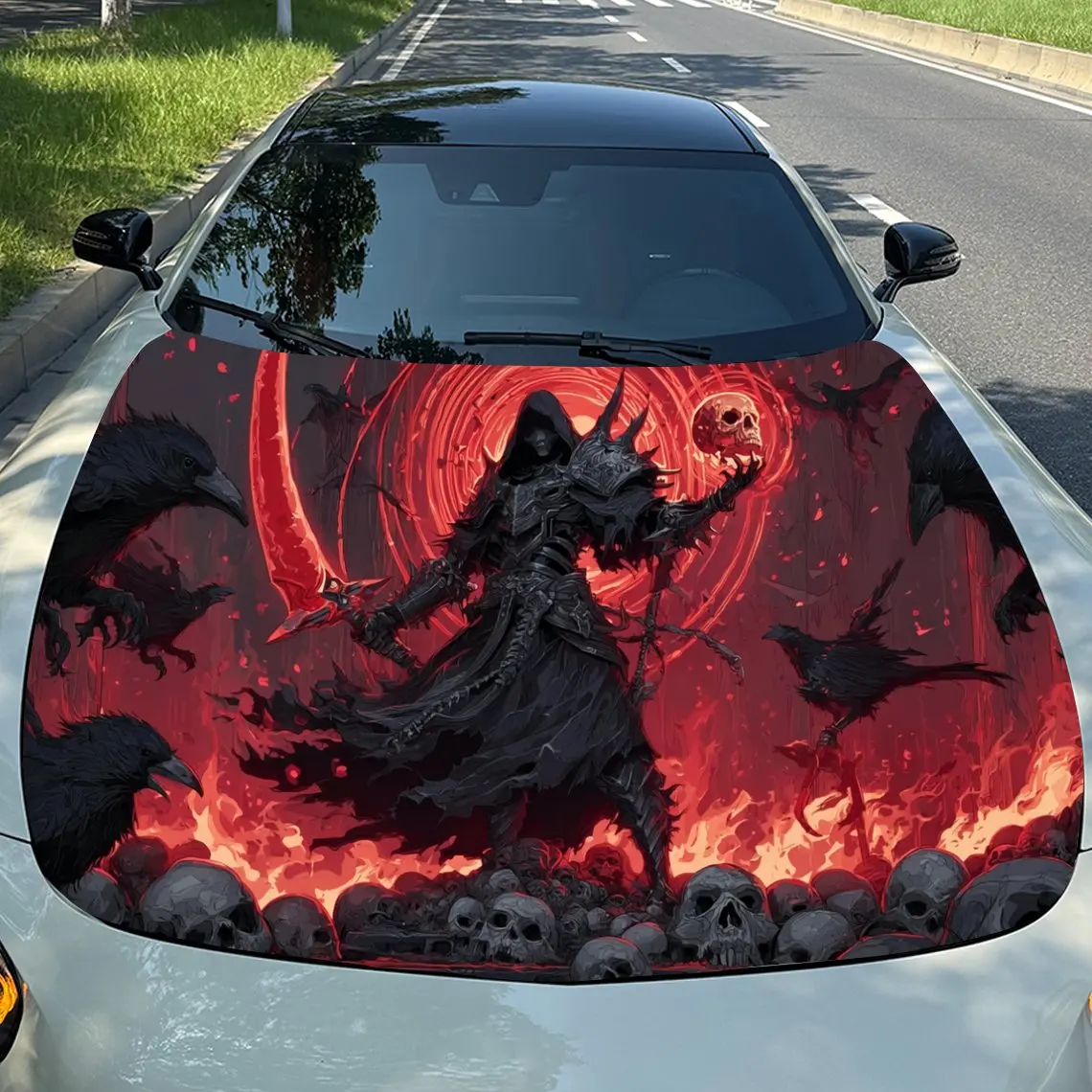 

Scarlet Reaper Skull & Crows Car Vinyl Wrap, PVC Material Waterproof Car Hood Sticker, Self-Adhesive Scratch-Resistant Stickers