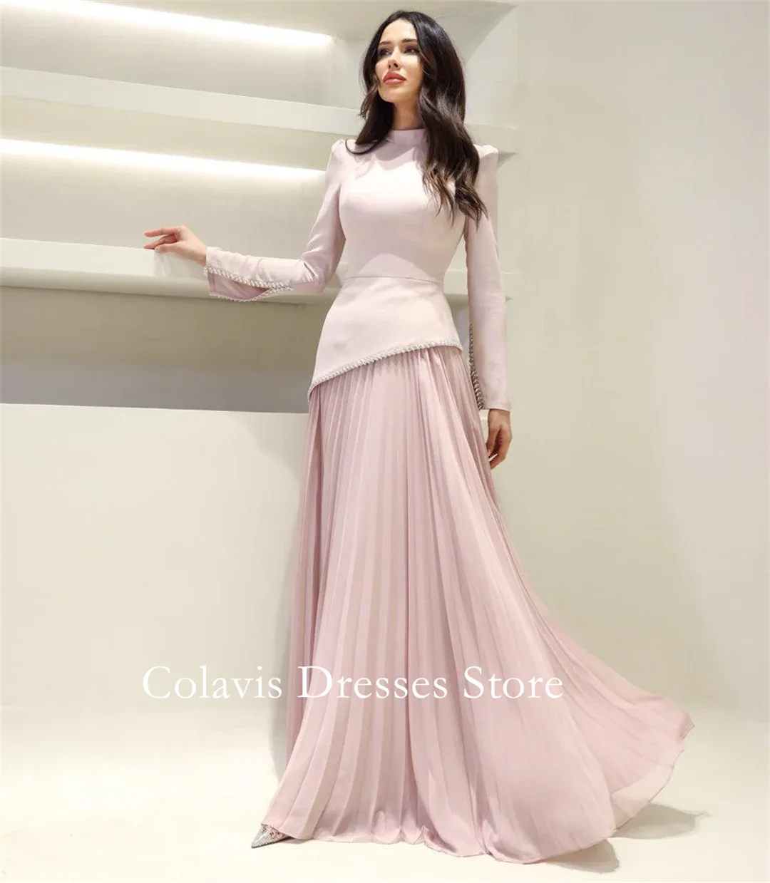 

Модный стиль, атласные розовые платья трапециевидной формы с высоким воротом и длинными рукавами, плиссированные вечерние платья по индивидуальному заказу, вечерние для выпускного вечера, для женщин и невесты