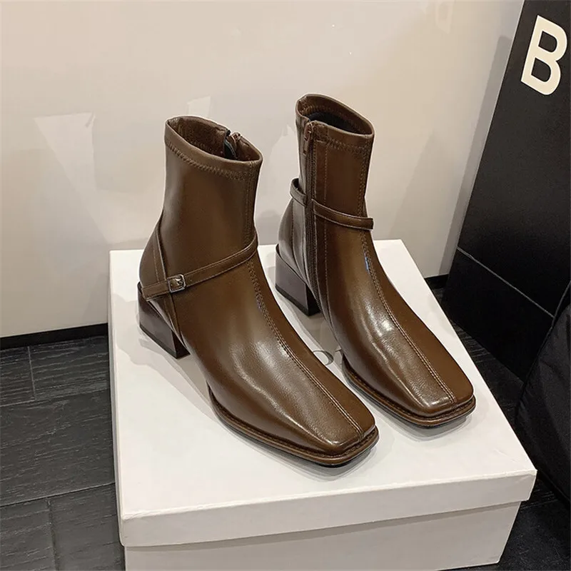 

Новые осенне-зимние тонкие эластичные ботинки, женские ботинки, короткие ботинки, туфли с квадратным носком, туфли на массивном каблуке для женщин, тонкие ботинки с боковой молнией