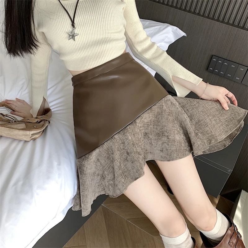 MiiiiX Casual Style Irregular Splicing PU Leather Skirt Women's 2024 Autumn Patchwork Design Ruffles A-line Skirt Female Clothes