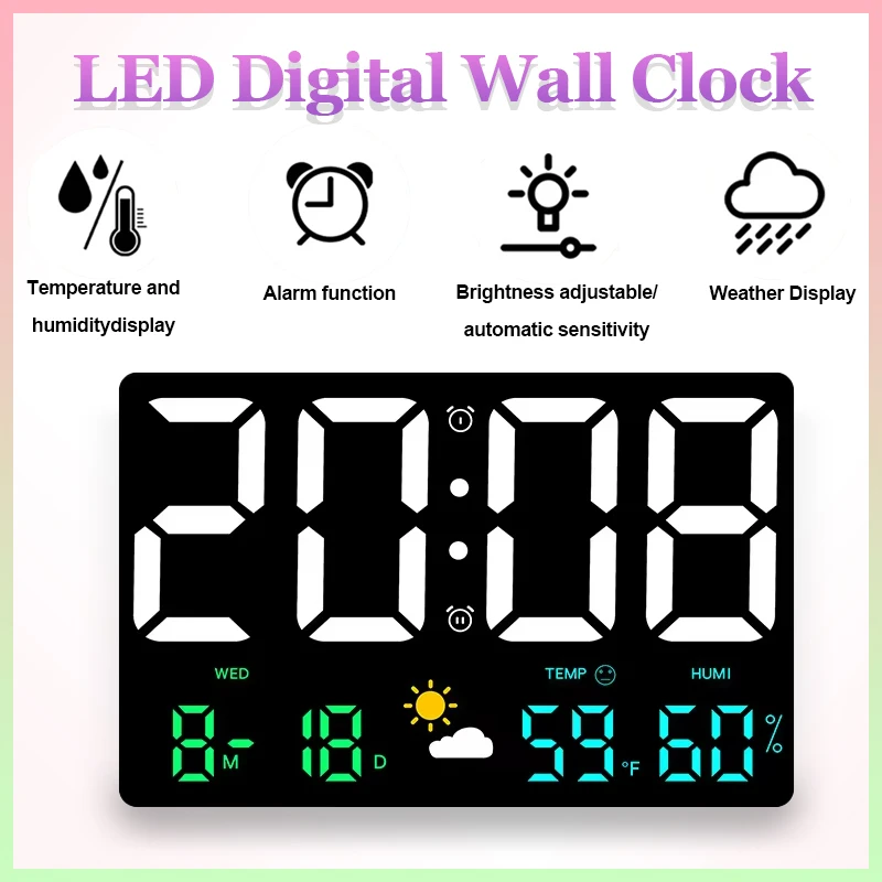 

Color Screen Electronic Wall Clock Temperature Humidity Display LED Digital 5-level Adjustable Brightness Table Alarm Clock