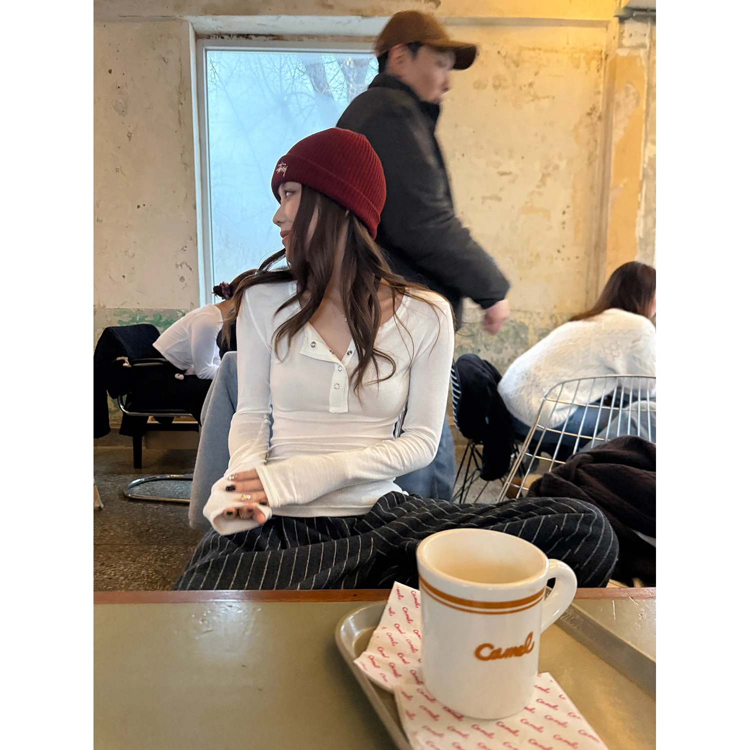 

LelyMooch Tri-Color Optional Henry Collar Base irt U-Ne Wool Blend Versatile Mid-Length Top Women's Knittedwear