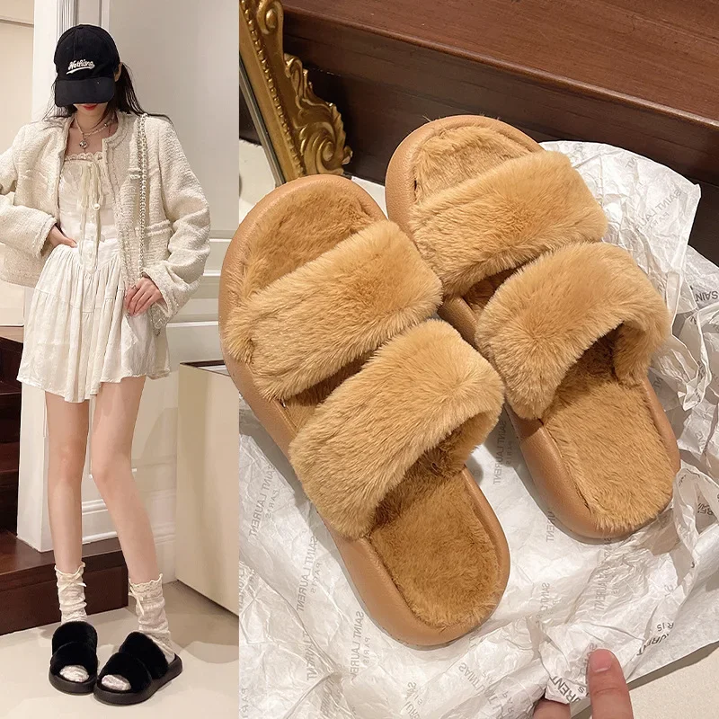 Women's Fluffy Faux Fur Slippers Comfy Open Toe Two Band Slides with Fleece Lining and Rubber Sole