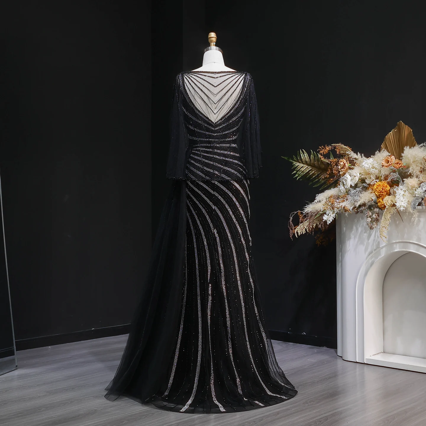 Sharon Said Luxuriöses Schwarzes Abendkleid, Lang, Perlenbesetzt, V-Ausschnitt, Cape-Ärmel, Elegante Ballkleider, Hochzeitsfeier, Damen, SS063, Maßanfertigung – Detail 10