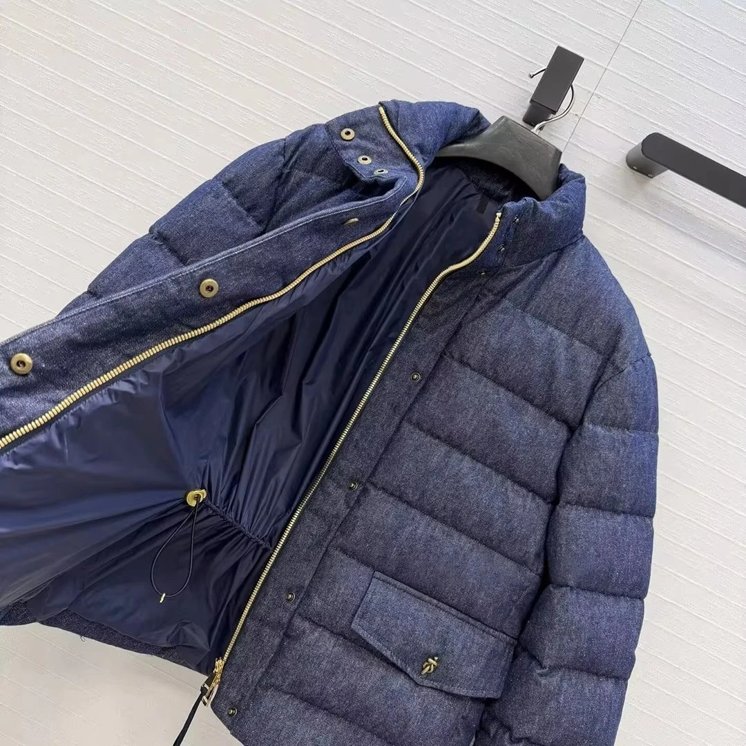 2026 New Winter White Goose Down Warm Coat Women Blue Denim Stripes Quilting Stand Long Sleeve Metal Buttons Pockets Chic Jacket