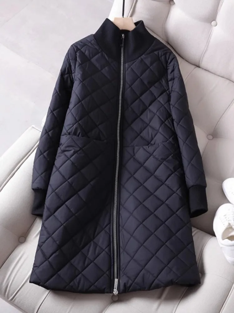 

Ladies' Winter Cotton Jaet Diamond Pattern Quilted Mid-Length Long Sve Thermal Cotton Outerwear Loose Fit Zipper Closure