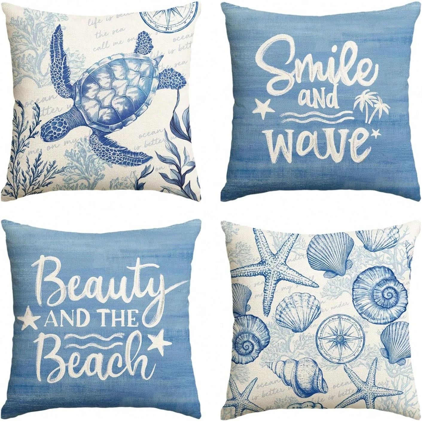 4pcs Summer Ocean Turtle Smile Wave Pillowcase, Exquisite Beach Coral And Starfish Holiday Decorative Pillow Cover Set