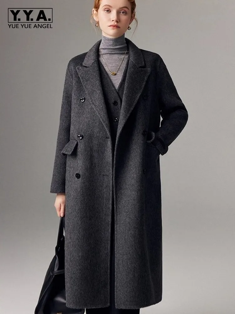 

Осеннее женское двустороннее шерстяное пальто, зимнее пальто из овечьей шерсти, прямое пальто средней длины, костюм с воротником, элегантная вечерняя верхняя одежда