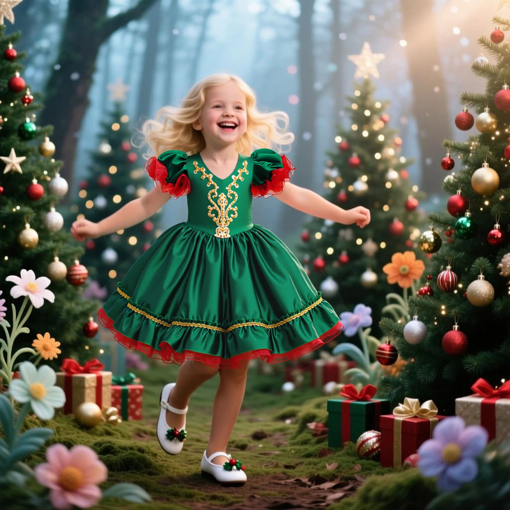 Green Red Sleeve Children Christmas Party Dresses For Kids Girls Birthday Princess Dress Beading Girl Wedding Formal Ball Gown