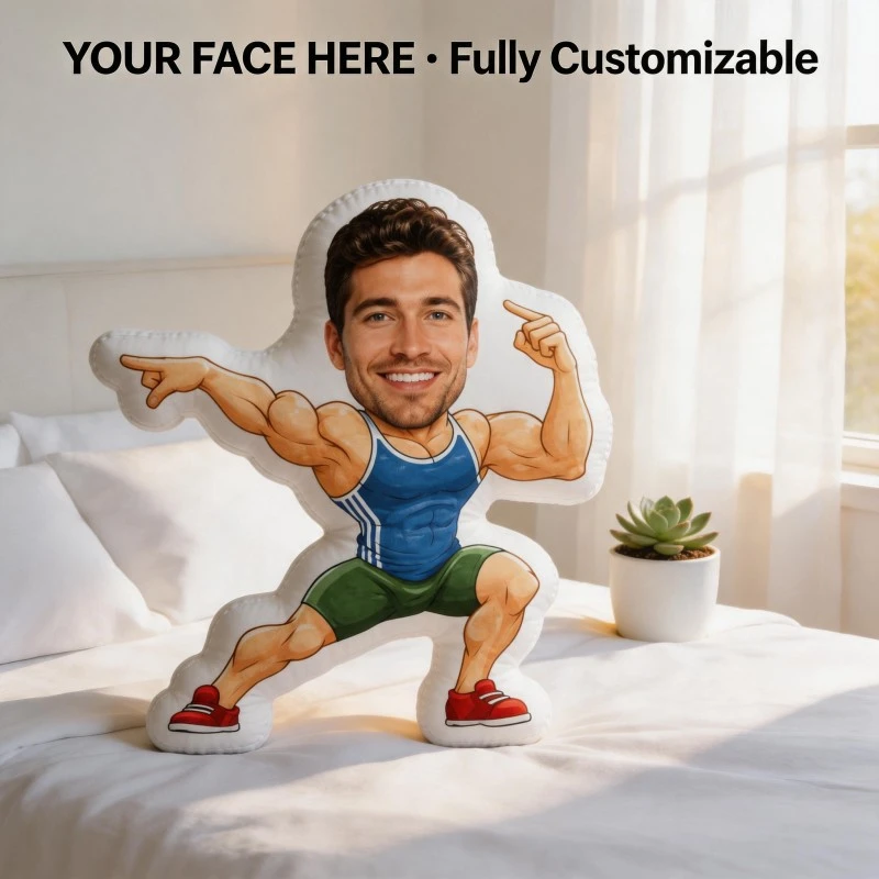 Custom Face Funny Shaped Pillow, Muscular Gym Style Personalized Photo Decorative Cushion, Unique Home Decor Accent for Sofa & B