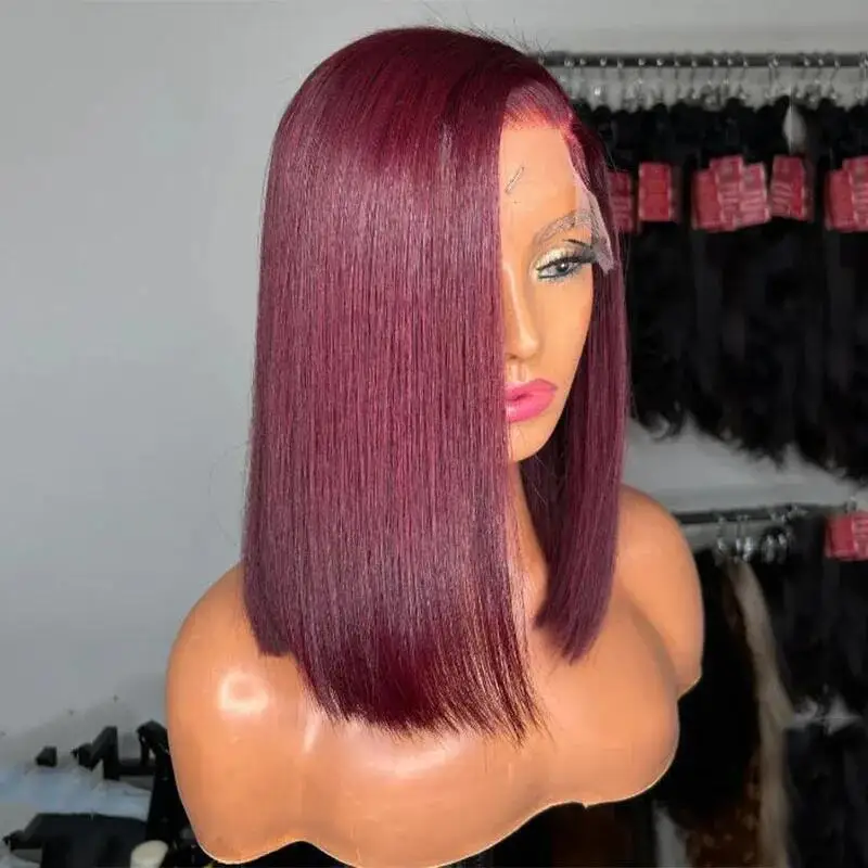 

99j Short Bob Soft 180Density Burgundy Straight Lace Front Wig For Black Women BabyHair Heat Resistant Glueless Preplucked Daily