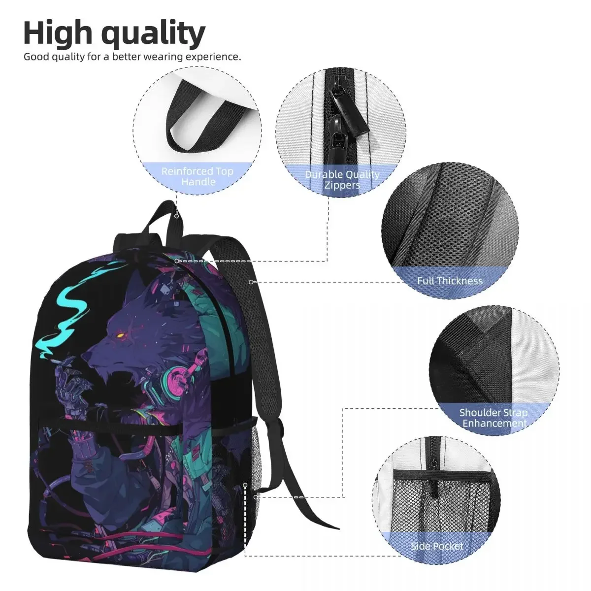 Neon Graffiti Wolf With Headphone Backpack Student BookBag Kids School Bag Laptop Shoulder Bags for Men Women