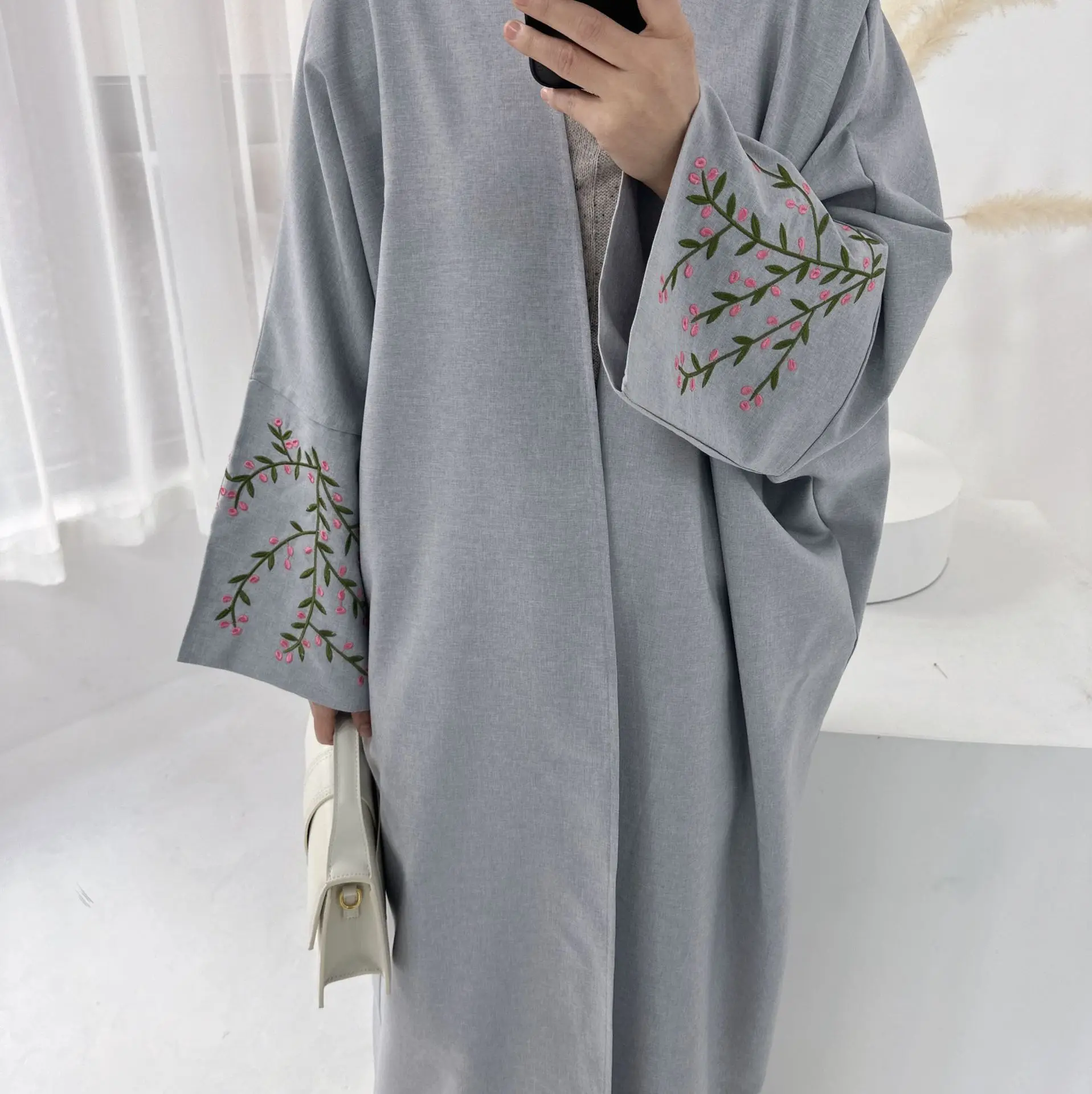 Flower Embroidery Open Abaya Elegant Eid Muslim Modest Coat for Women Islam Turkey Dress Cotton Linen Long Sleeve Clothing