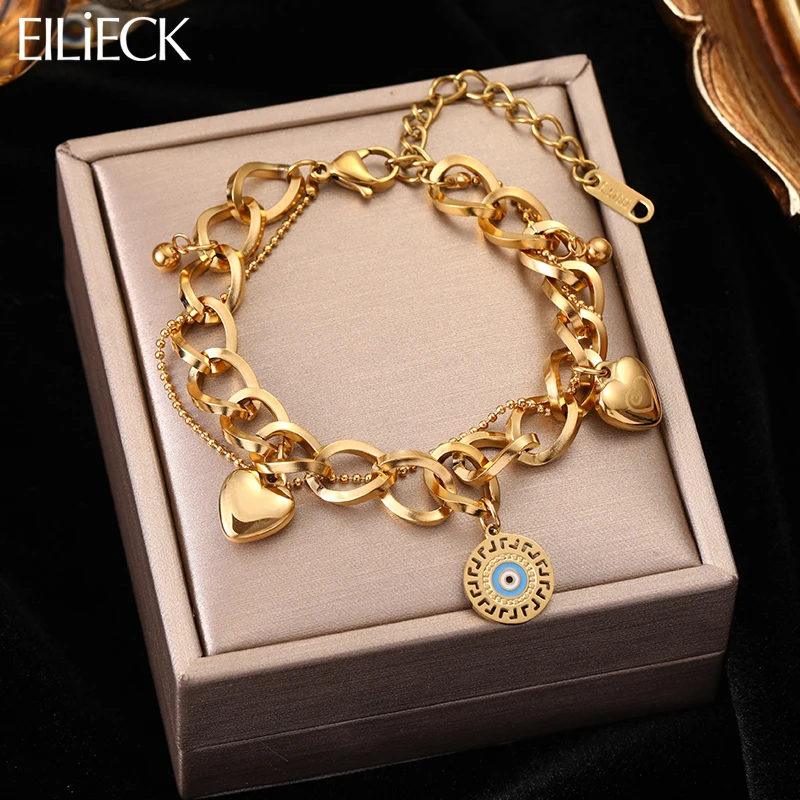 EILIECK 316L Stainless Steel Gold Color Eyes Heart Charm Bracelet For Women High Quality Non-fading Wrist Jewelry Accessories