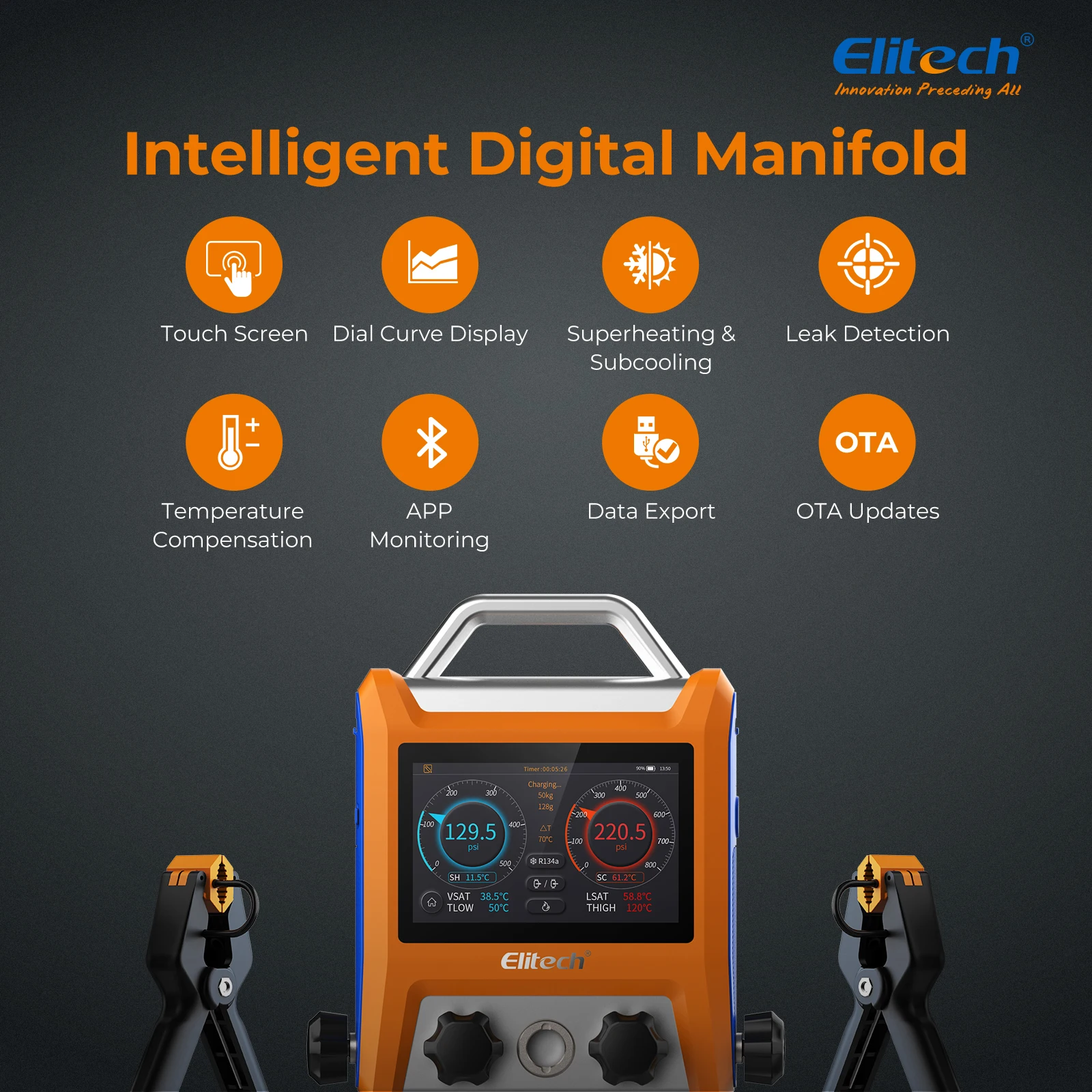 Elitech-Kit de colector Digital inteligente EMG-40V, 4 válvulas con pantalla táctil inteligente de 5 ", medidor de HVAC con Bluetooth
