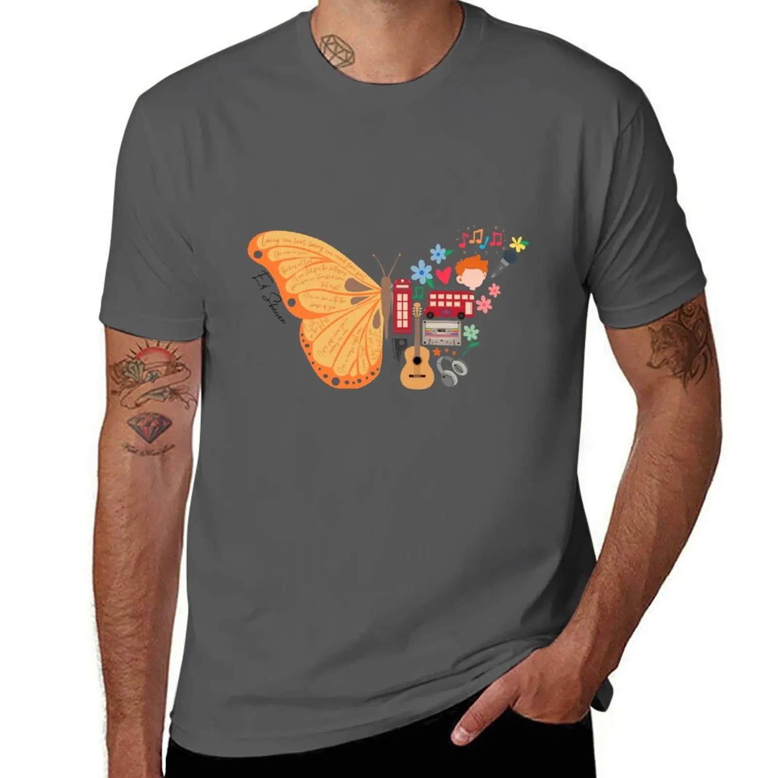 Camiseta de moda con diseño de mariposa de Inglaterra, Ed, guitarra musical, Sheeran, camiseta informal sencilla