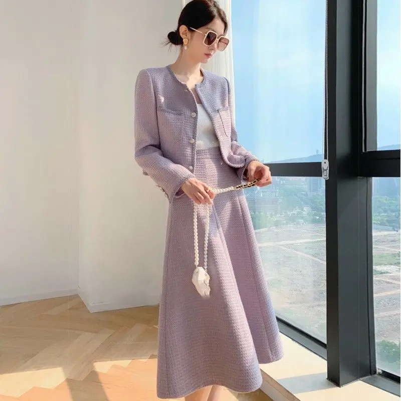 Fall and Winter Women\'s Skirt Suits Fashion Commuter Single-breasted Luxury Tops Jacket A-line Loose Skirt 2pcs Matching Set