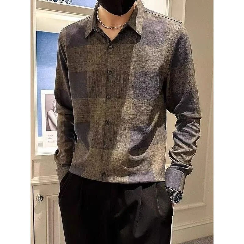 

Men's Plaid Long Sleeve Shirt Autumn Fashionable Handsome High End Sensation Loose Fit Polyester Youthful Trend 2025 New Style