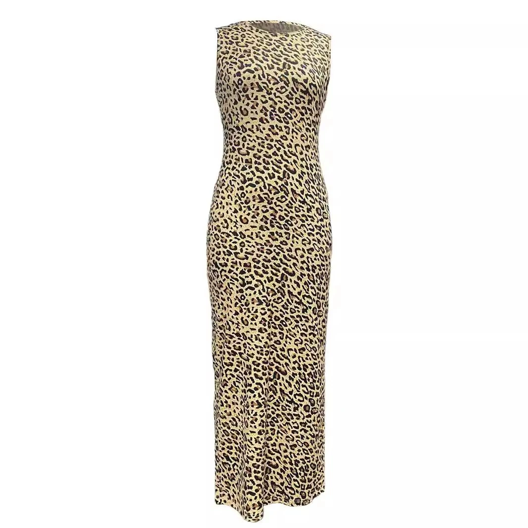 Abito attillato senza maniche lavorato a maglia con stampa leopardata alla moda con scollo tondo a maniche lunghe