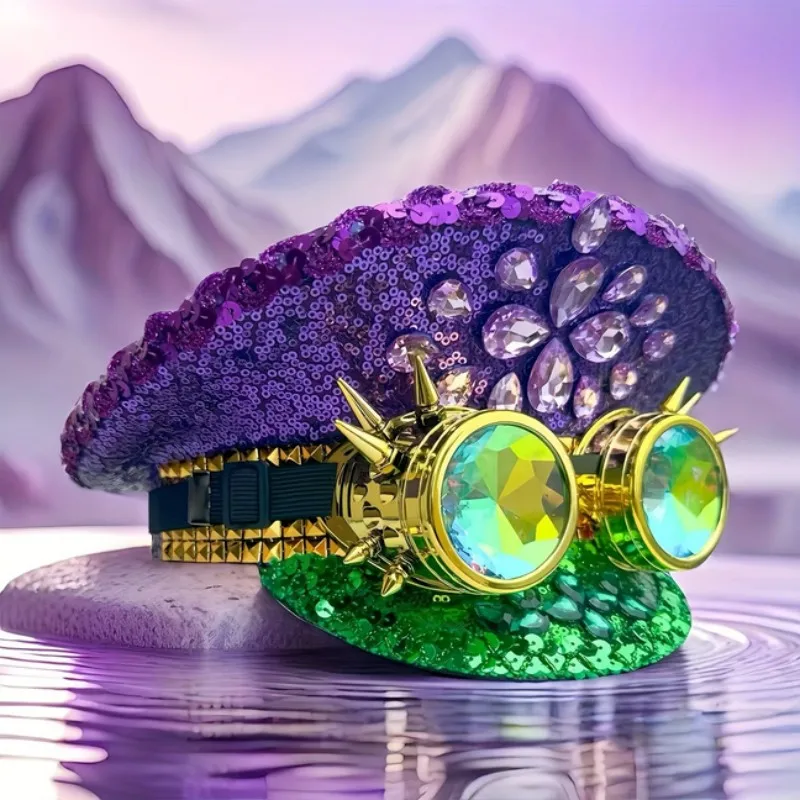 

HongLuan Violet Disco Mardi Gras Captain Hat Rhinestone with Goggles for Carnival, Rave Festivals Accessories & Party Hat Woman