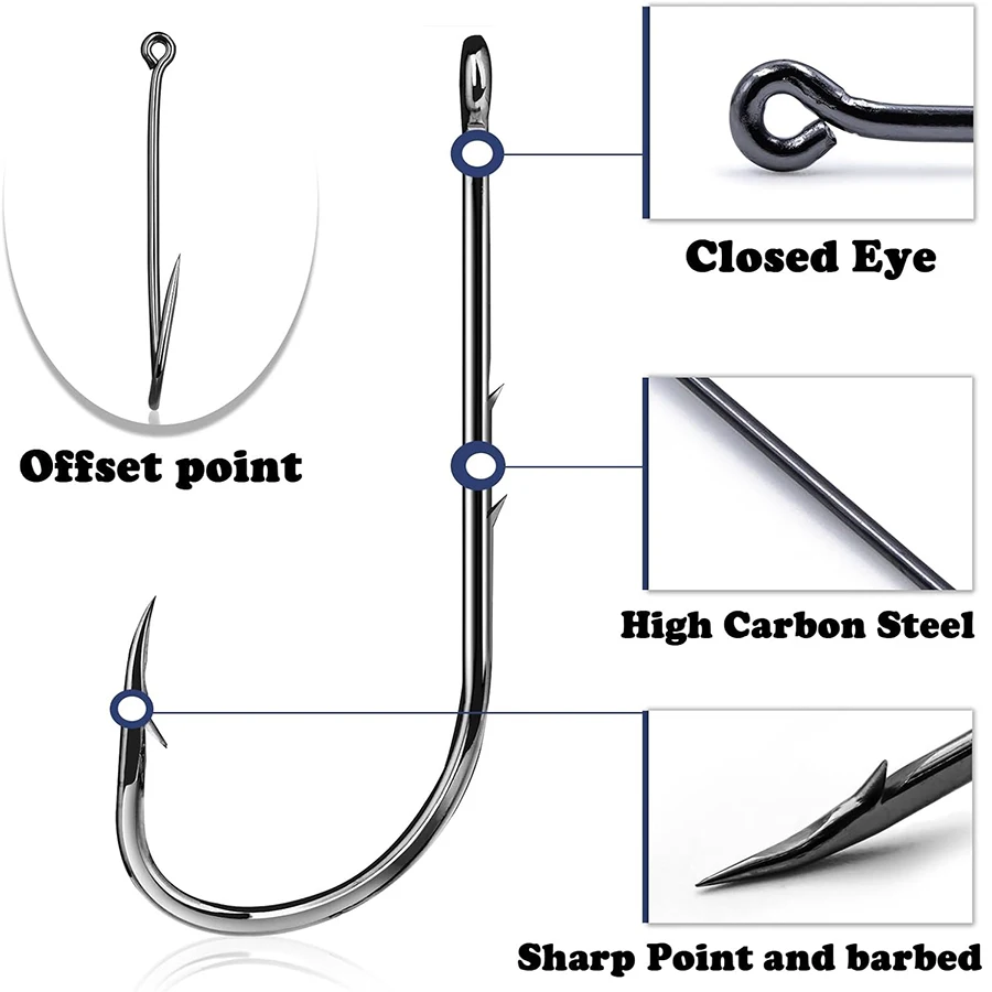 Baitholder Fishing Hooks Forged Long Shanked Fishing Hook Barbed Shank Beak Bait Holder Hooks 100pcs Black 19Sizes 8/0-12# Hook