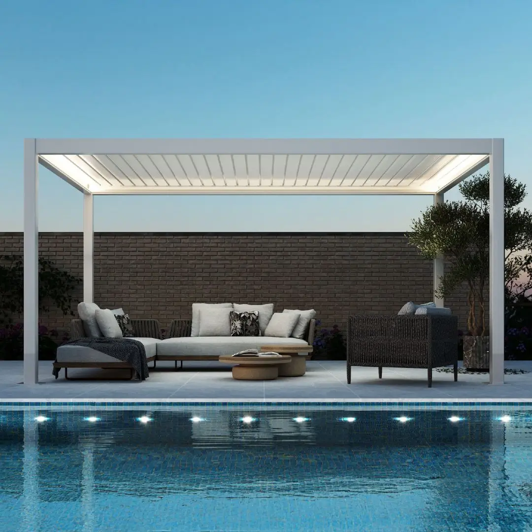 

Exterior Motorized Aluminium Pergola Manufacturers Canopy Gazebo Electric Louver Outdoor Aluminum Pergolas with LED Lights