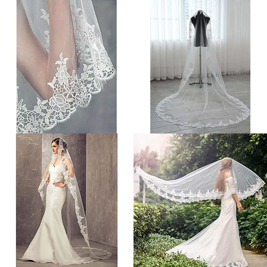 Wedding Bridal Veils Long Veil with Lace and Metal Comb at the Edge Cathedral Length