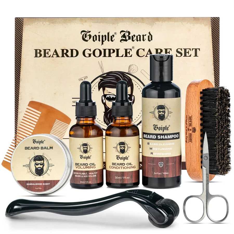 Men Beard Care Gift Set Beard Shampoo Bearded Moisturizing Balm Cleansing and Nourishing Beards Conditioner Styling Tools 8pcs