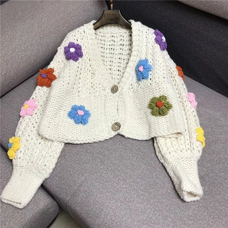 Autumn Winter  Womens Handmade Flowers Knitted Cardigan Sweater Coat