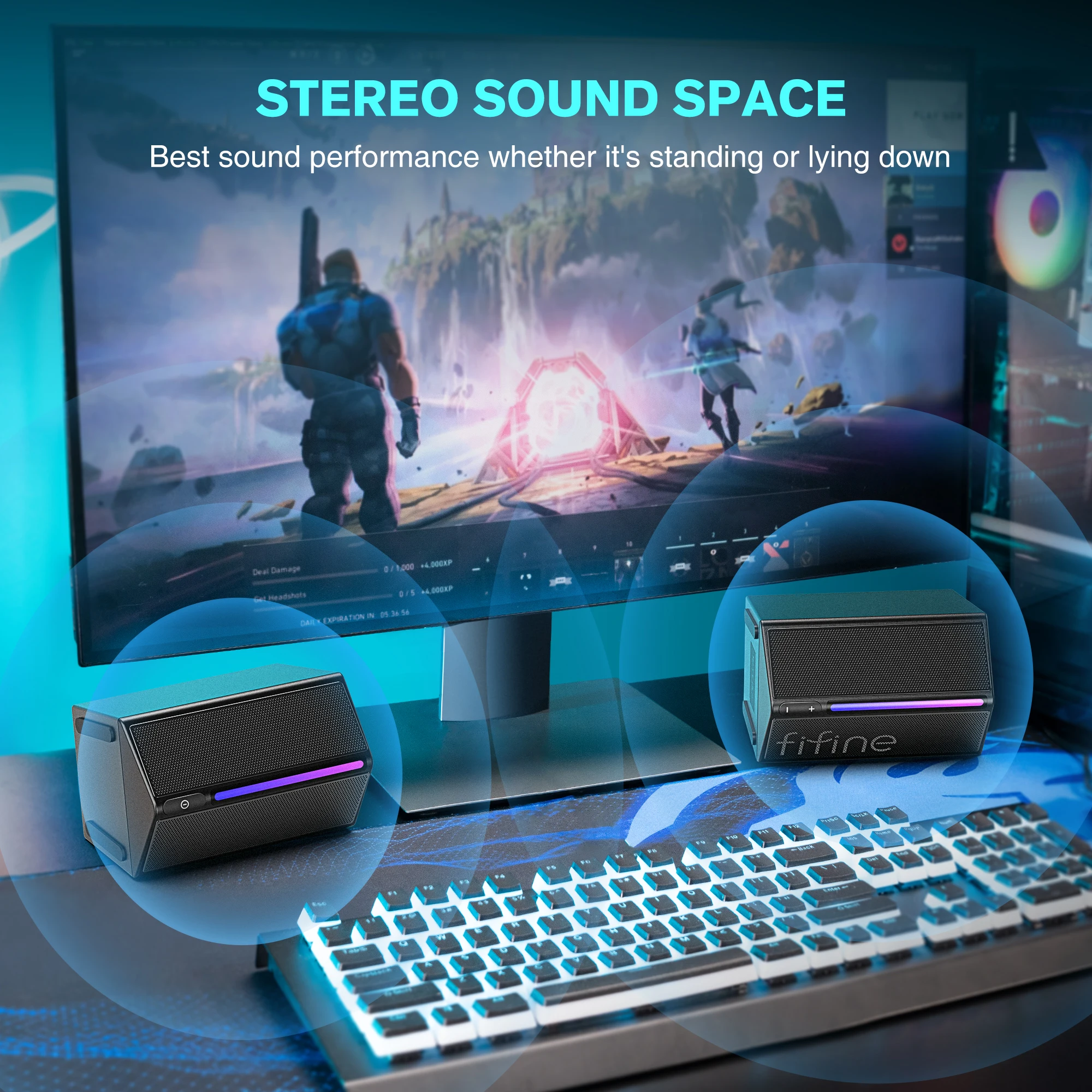 FIFINE Gaming Sound Box with Stereo Surround Sound, USB RGB Speaker with Vol Control for PC,Lattop,PS4/5,TV-Ampligame A20