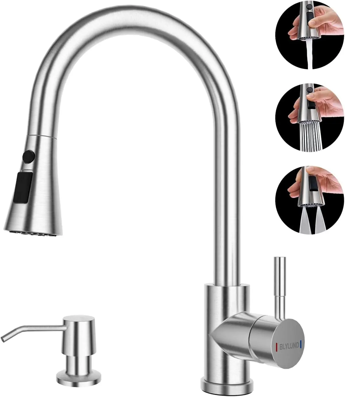 

Kitchen Faucets with Soap Dispenser, Brushed Nickel Kitchen Faucet with Pull Down Sprayer 3 Modes, Stainless Steel Modern Kitche