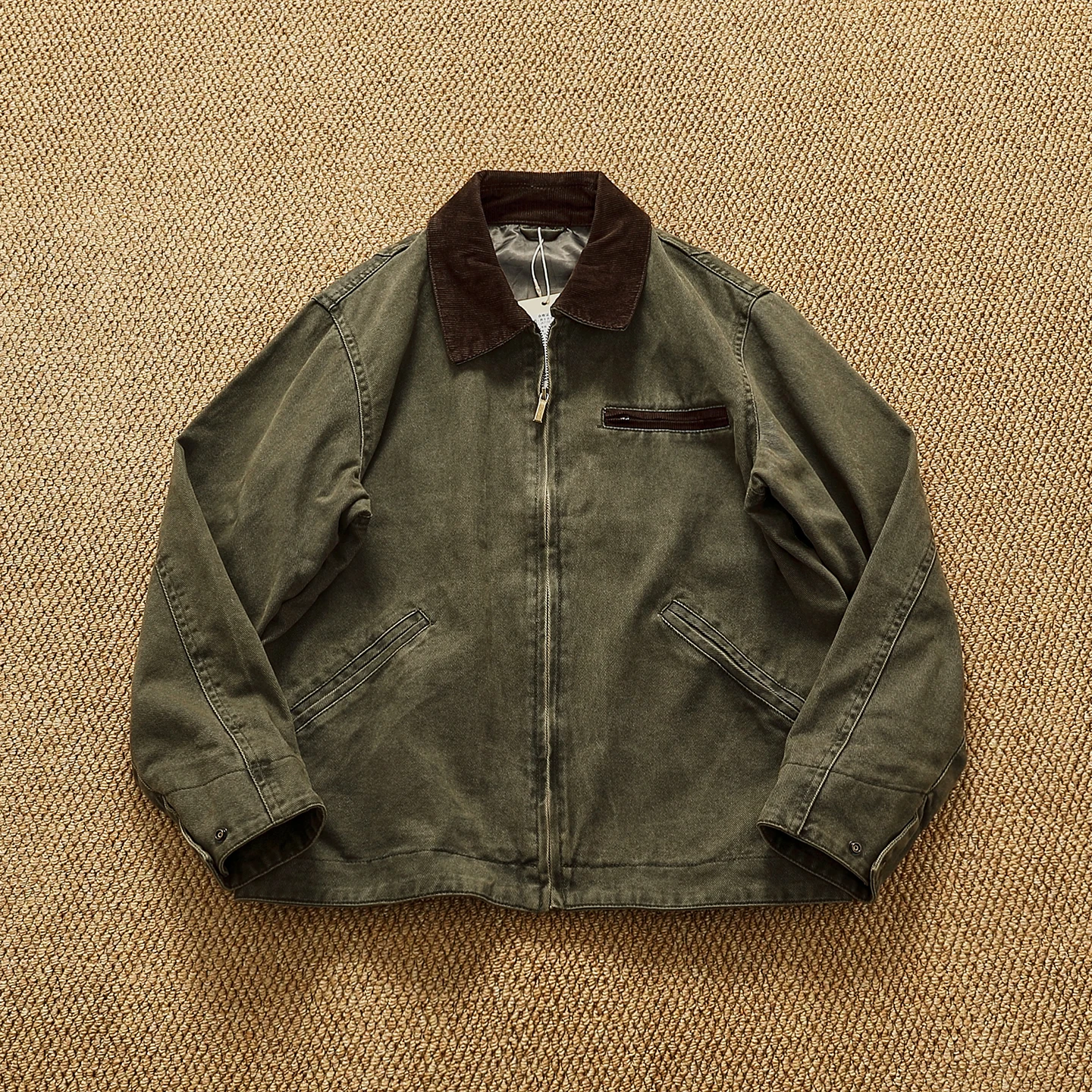 

Retro Twill Workwear Jaet Men's Loose Waed Collar Spring Autumn Top Trendy Cotton Long Sve Zipper Closure Casual Sle