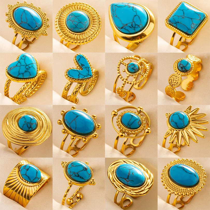 Fashion Gold Plated Bohemia Blue Stone Turquoise Open Ring Minimalist Stainless Steel Knuckle Rings Jewelry Gift For Women Girl