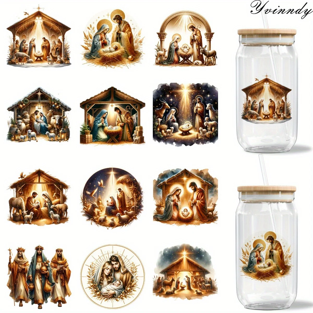 12Pcs/Set Christmas Nativity Scene DIY Glass Jar Packaging Stickers UV DTF High Self-Adhesive Transfer Paper