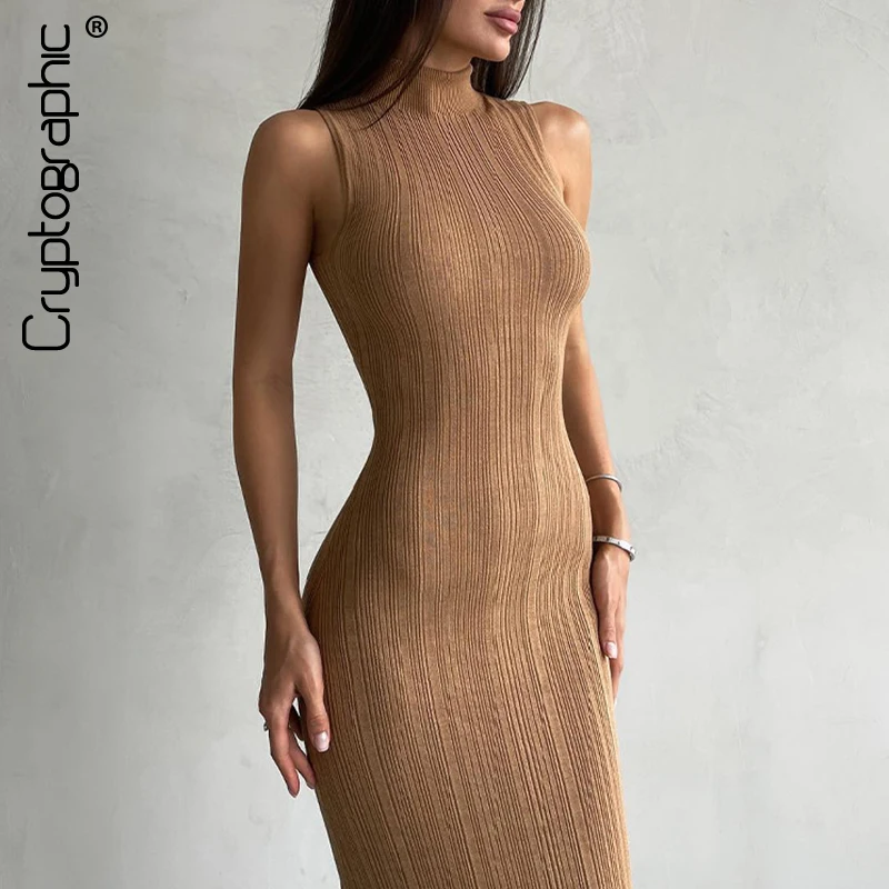 Cryptografische Elegante Mouwloze Getextureerde Gebreide Maxi Tank Jurk Lente Sexy Outfits Voor Vrouwen Feest Club Bodycon Jurken Vestido