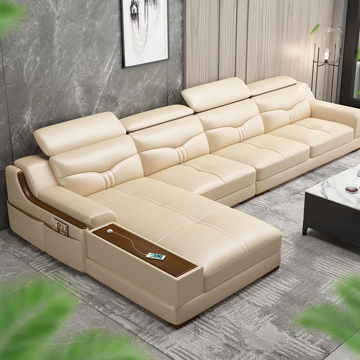 #Modern Luxury Living Room Sectional L-shaped Leather Sofa Set with USB Port Bluetooth Sound Sponge Filled Villa Ready