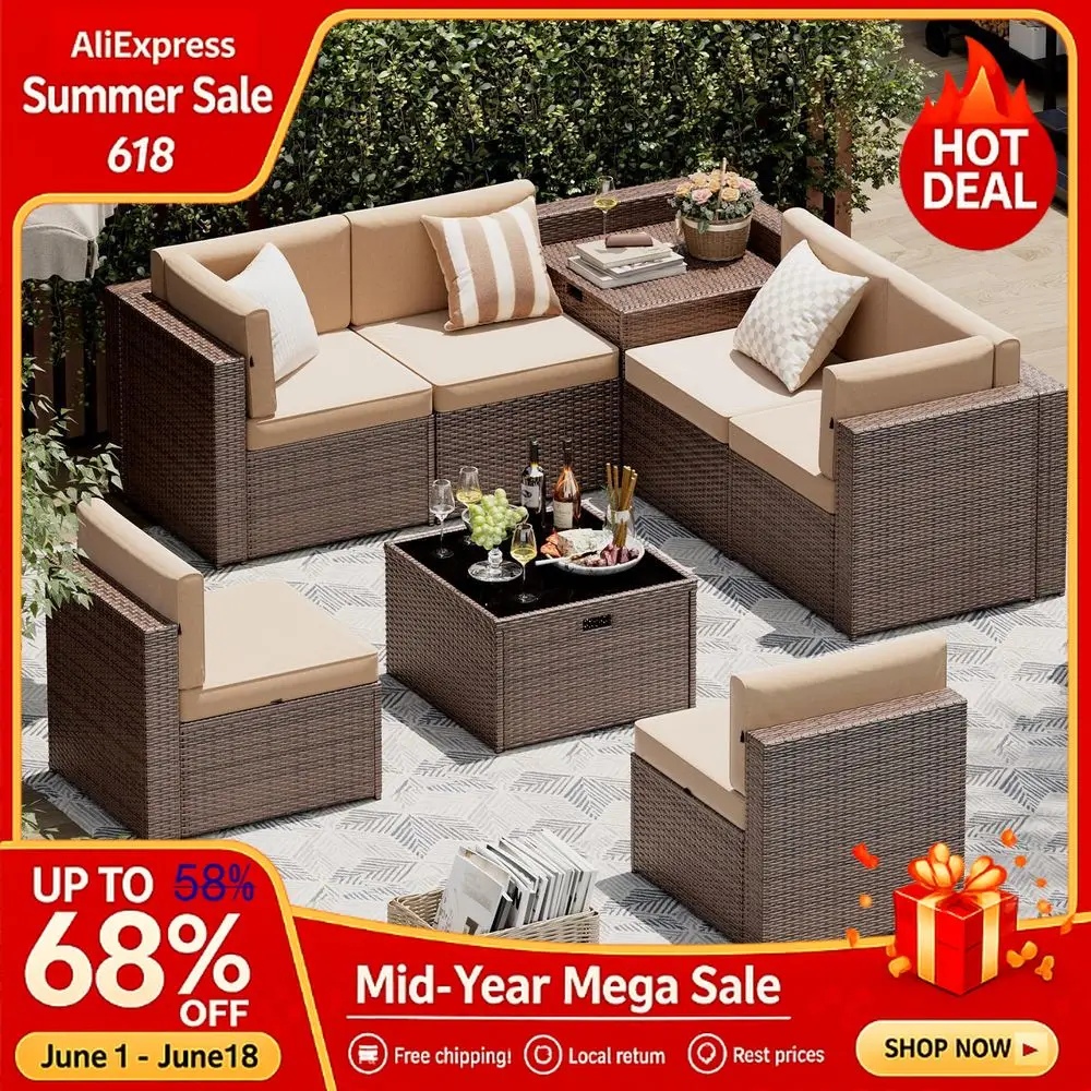 

8 Piece Patio Furniture Set, Wicker Outdoor Furniture with Large Storage Table,Conversation Sets with Waterproof Cover, Custom