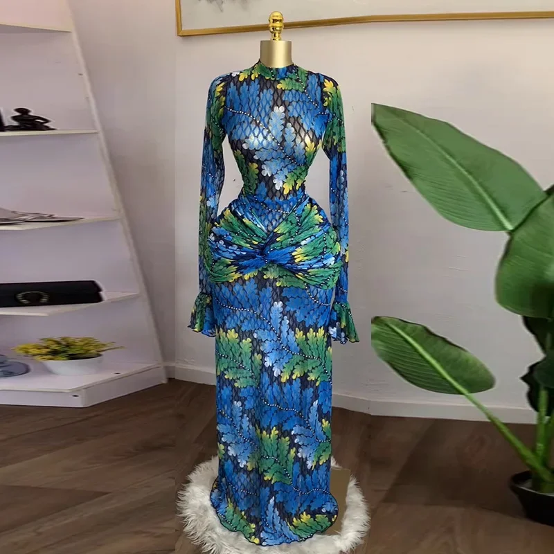 Damska sukienka bodycon z długim rękawem, wzorem liści, warstwowa, długa, na jesień 2025, wieczorowa, urodzinowa, na imprezę, seksowne sukienki, vestidos.
