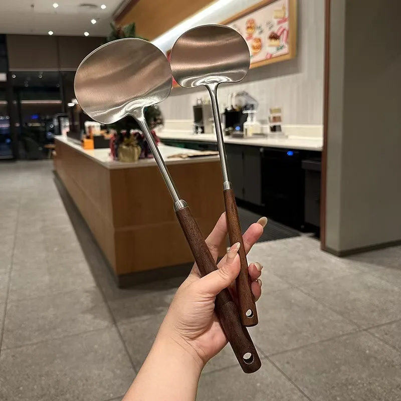 Popular Stainless Steel Mushroom Shovel Imitation Walnut Handle Spatula Stir Fry Spoon Food Grade Household Set Mushroom Shovel