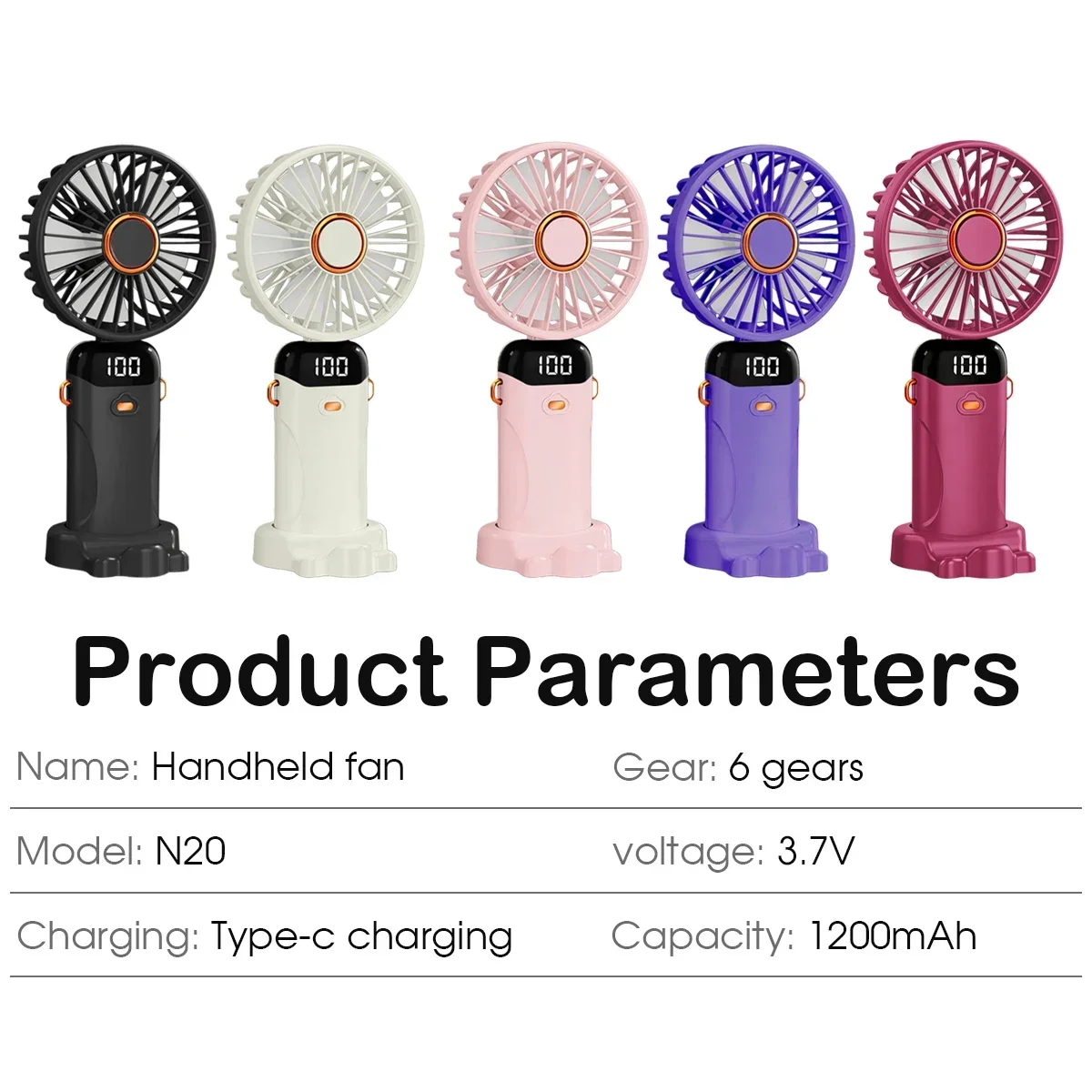 USB Rechargeable Handheld Fan 1200mAh 6 Speeds Foldable LED Light Blade Portable Mini Fan Personal Cooler for Home Gift